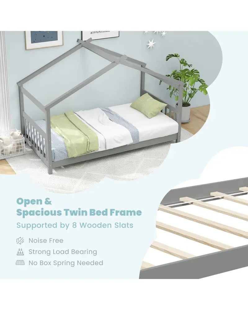 Twin Size Wooden House Bed with Roof-Gray - Gray - Simple Bed Frame