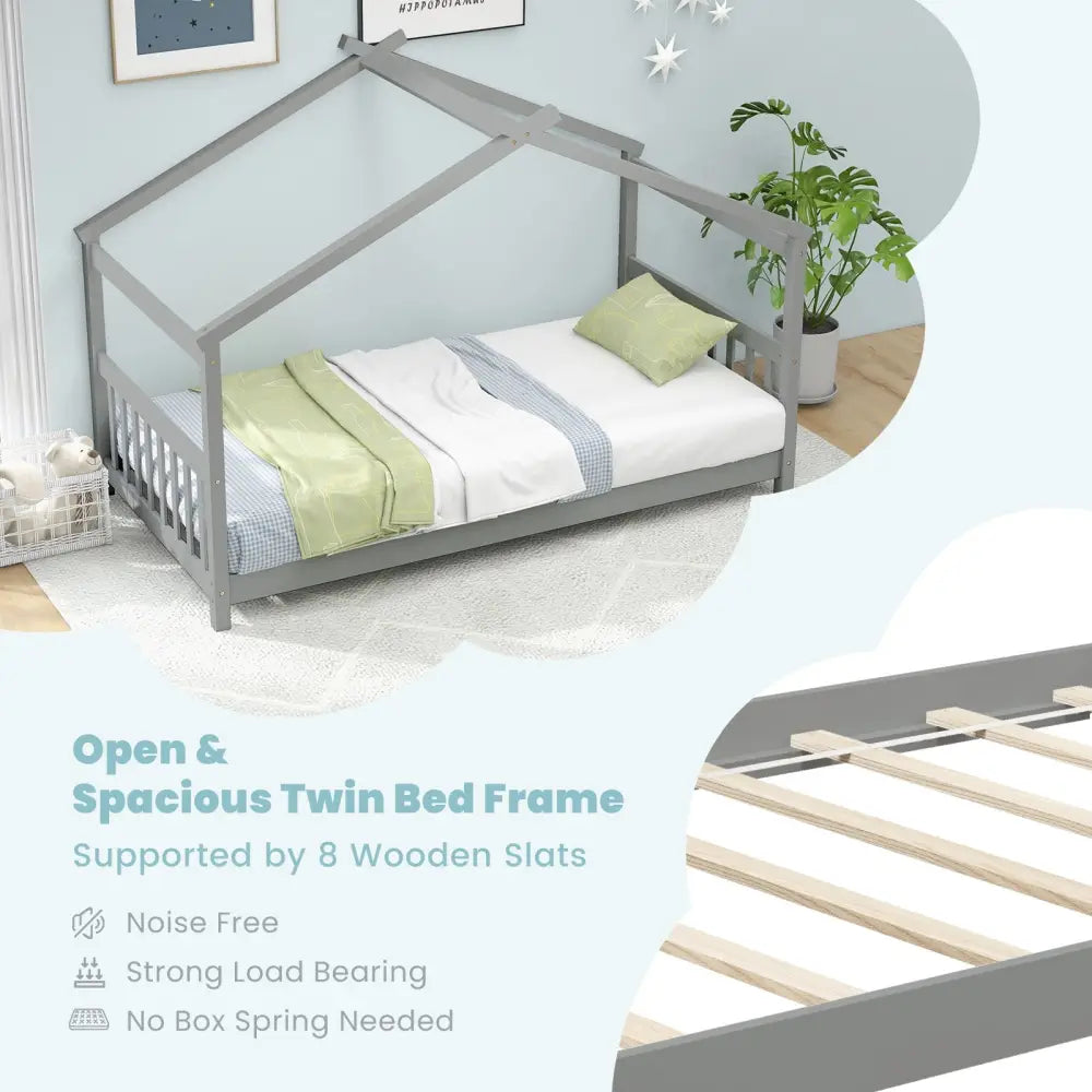 Twin Size Wooden House Bed with Roof-Gray - Gray - Simple Bed Frame