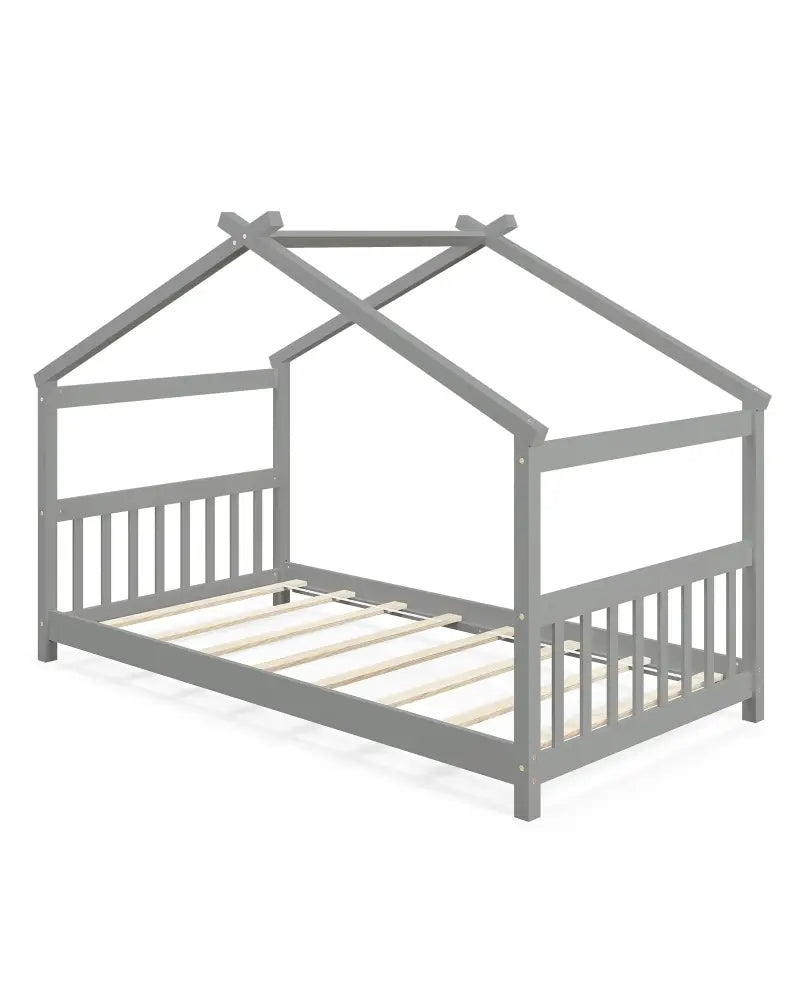 Twin Size Wooden House Bed with Roof-Gray - Gray - Simple Bed Frame