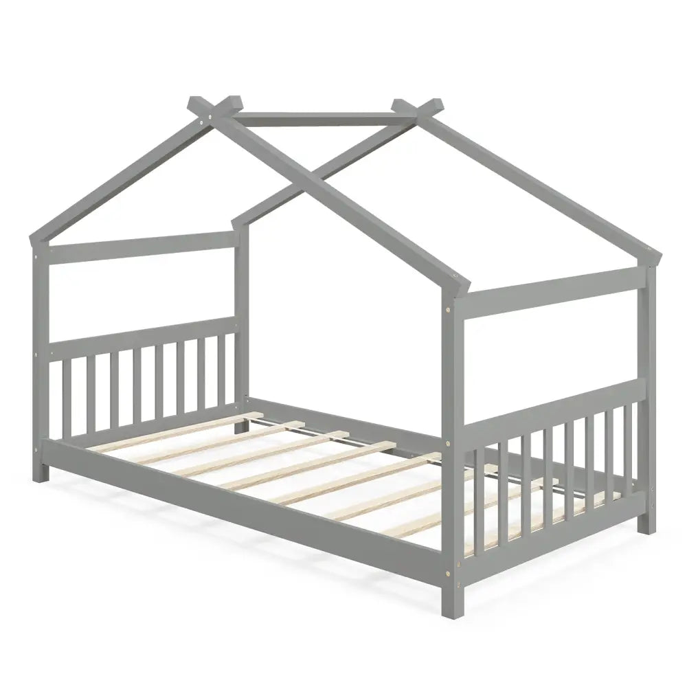 Twin Size Wooden House Bed with Roof-Gray - Gray - Simple Bed Frame