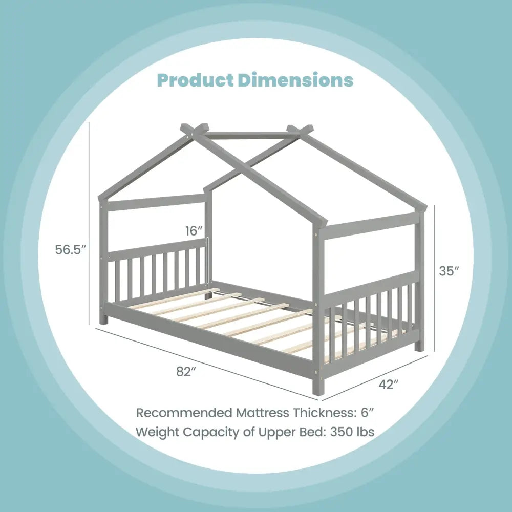 Twin Size Wooden House Bed with Roof-Gray - Gray - Simple Bed Frame