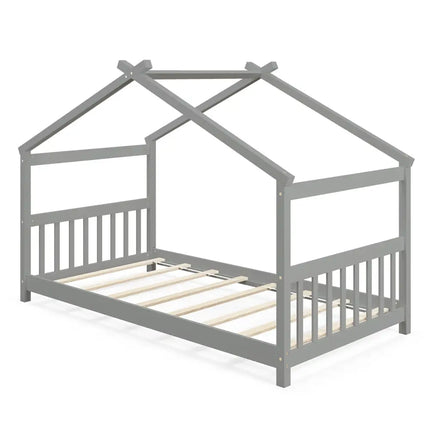 Twin Size Wooden House Bed with Roof-Gray - Gray - Simple Bed Frame