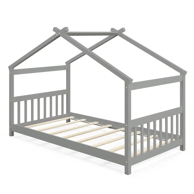 Twin Size Wooden House Bed with Roof-Gray - Gray - Simple Bed Frame