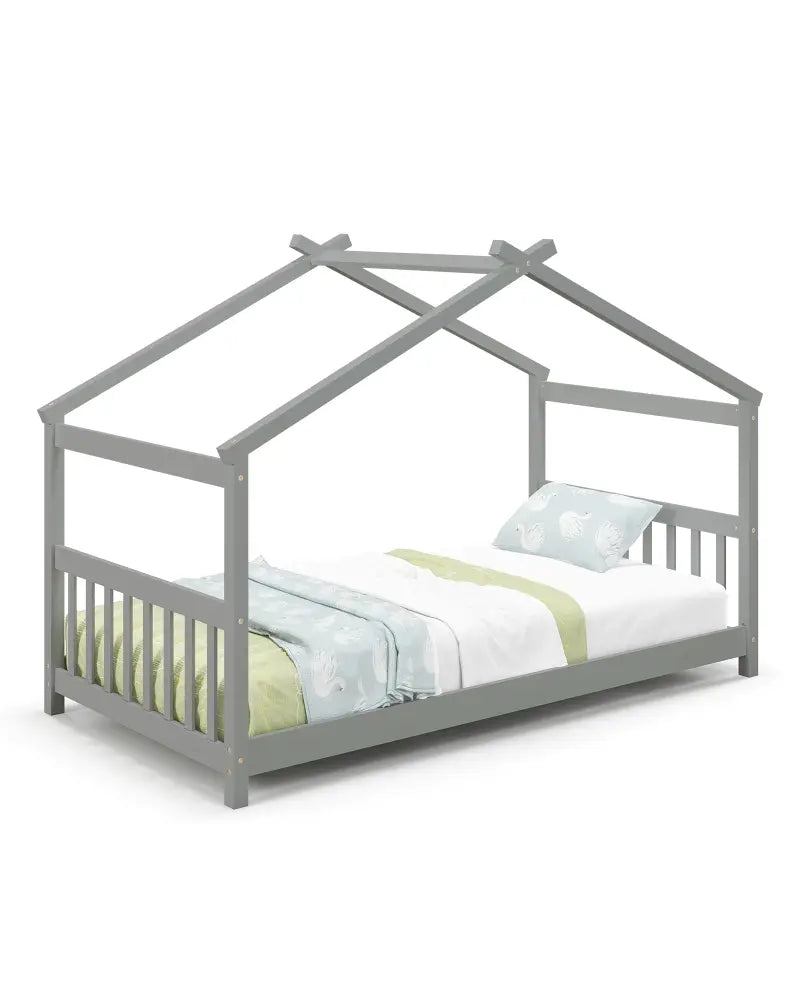Twin Size Wooden House Bed with Roof-Gray - Gray - Simple Bed Frame