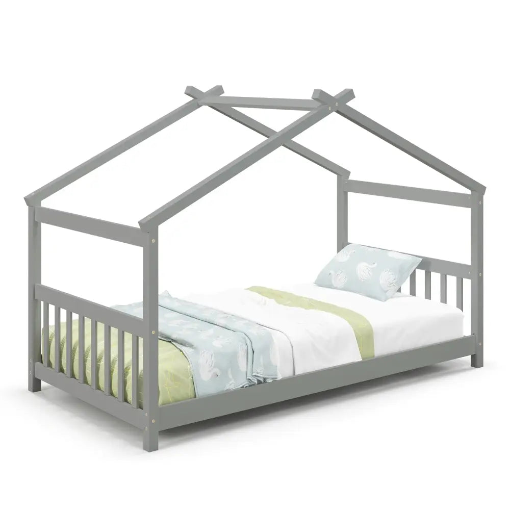 Twin Size Wooden House Bed with Roof-Gray - Gray - Simple Bed Frame