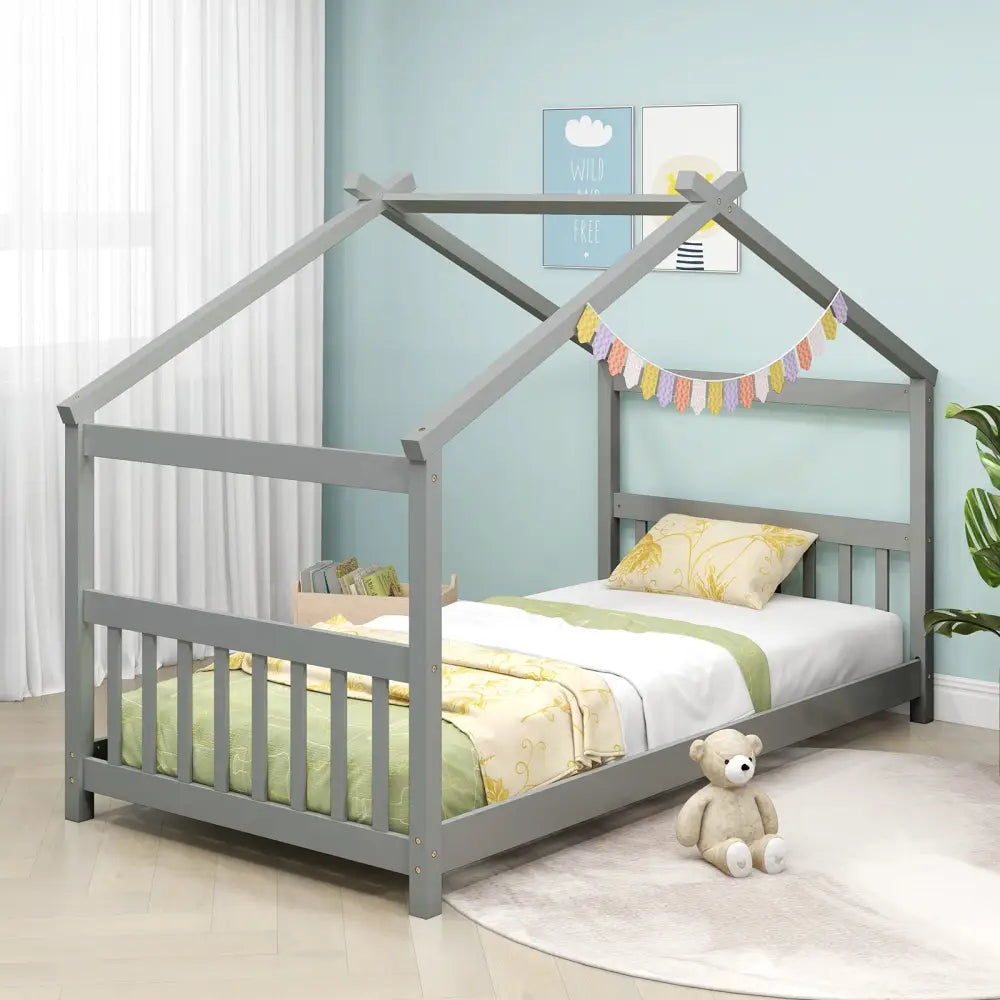 Twin Size Wooden House Bed with Roof-Gray - Gray - Simple Bed Frame