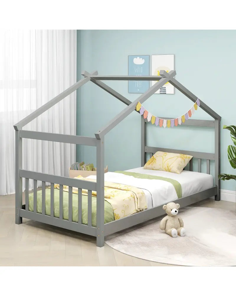 Twin Size Wooden House Bed with Roof-Gray - Gray - Simple Bed Frame