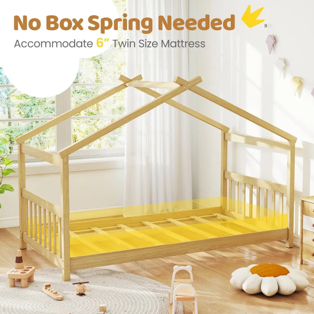 Twin Size Wooden House Bed with Roof-Natural - Natural - Simple Bed Frame