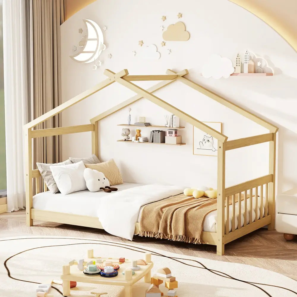 Twin Size Wooden House Bed with Roof-Natural - Natural - Simple Bed Frame