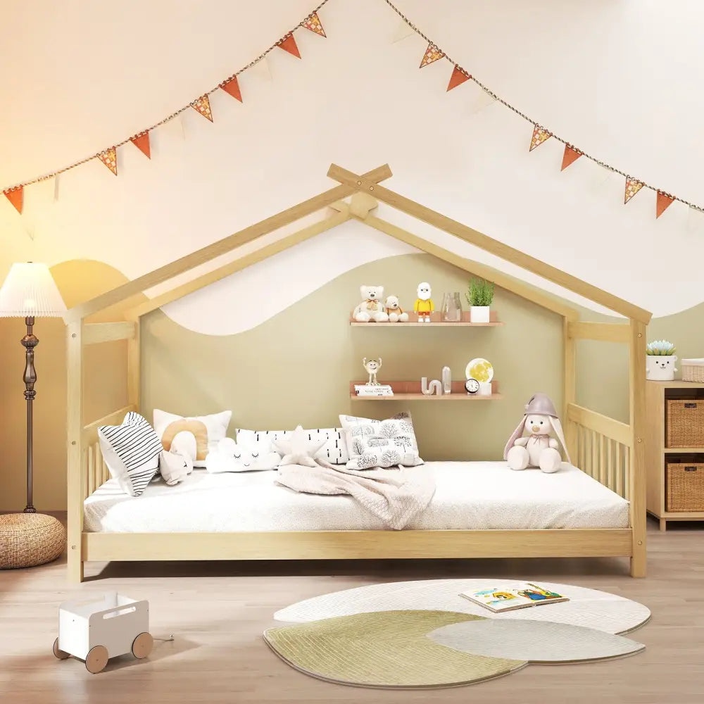 Twin Size Wooden House Bed with Roof-Natural - Natural - Simple Bed Frame