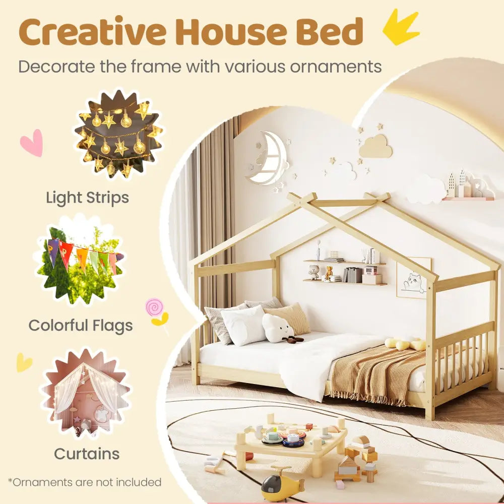 Twin Size Wooden House Bed with Roof-Natural - Natural - Simple Bed Frame