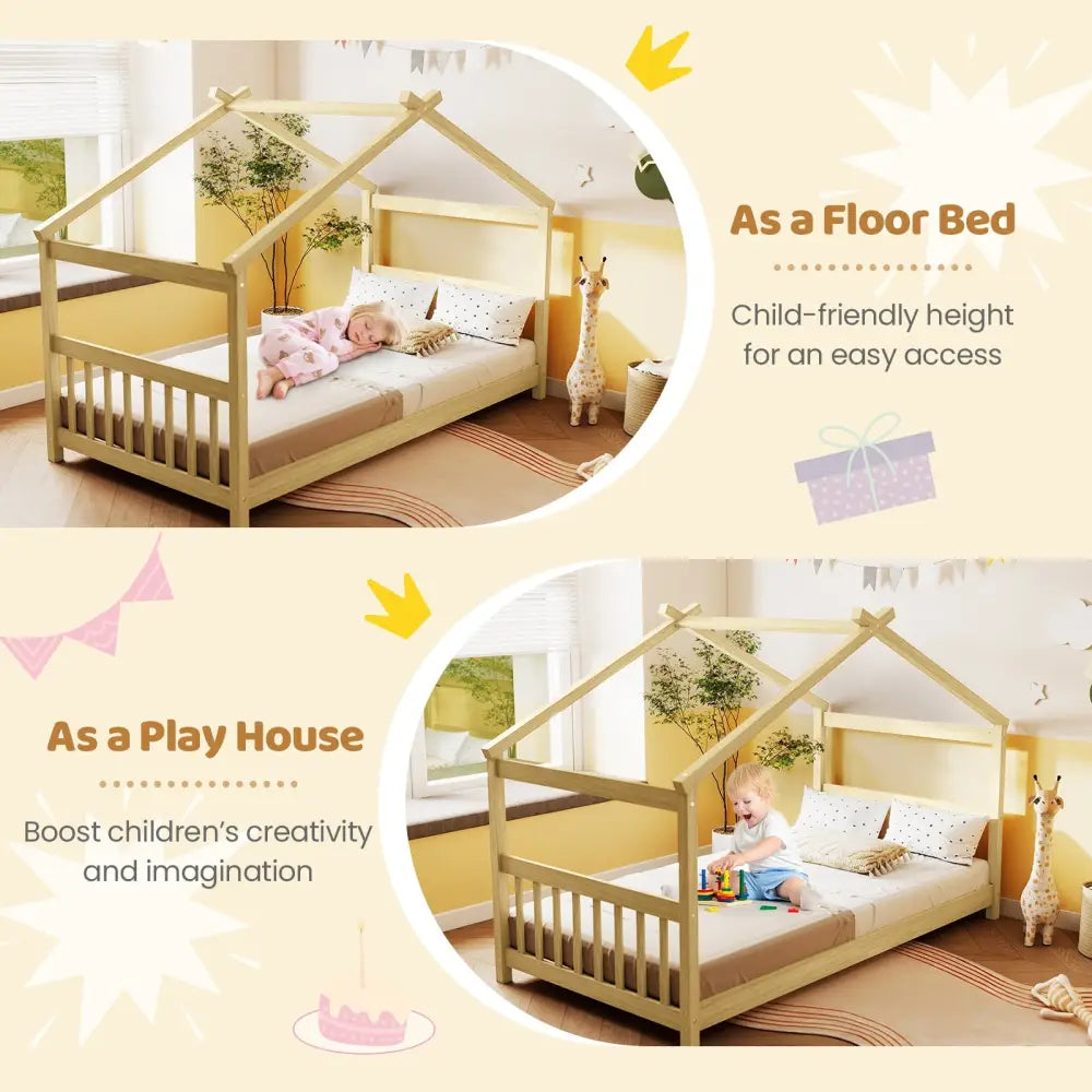 Twin Size Wooden House Bed with Roof-Natural - Natural - Simple Bed Frame