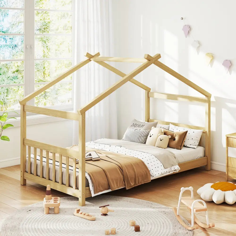 Twin Size Wooden House Bed with Roof-Natural - Natural - Simple Bed Frame