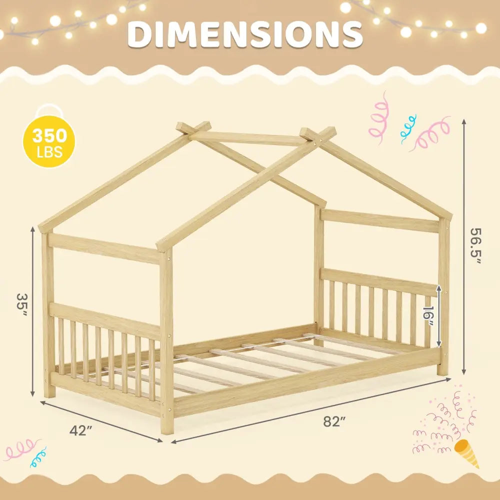 Twin Size Wooden House Bed with Roof-Natural - Natural - Simple Bed Frame