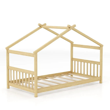 Twin Size Wooden House Bed with Roof-Natural - Natural - Simple Bed Frame