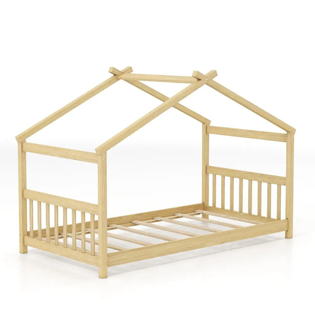 Twin Size Wooden House Bed with Roof-Natural - Natural - Simple Bed Frame