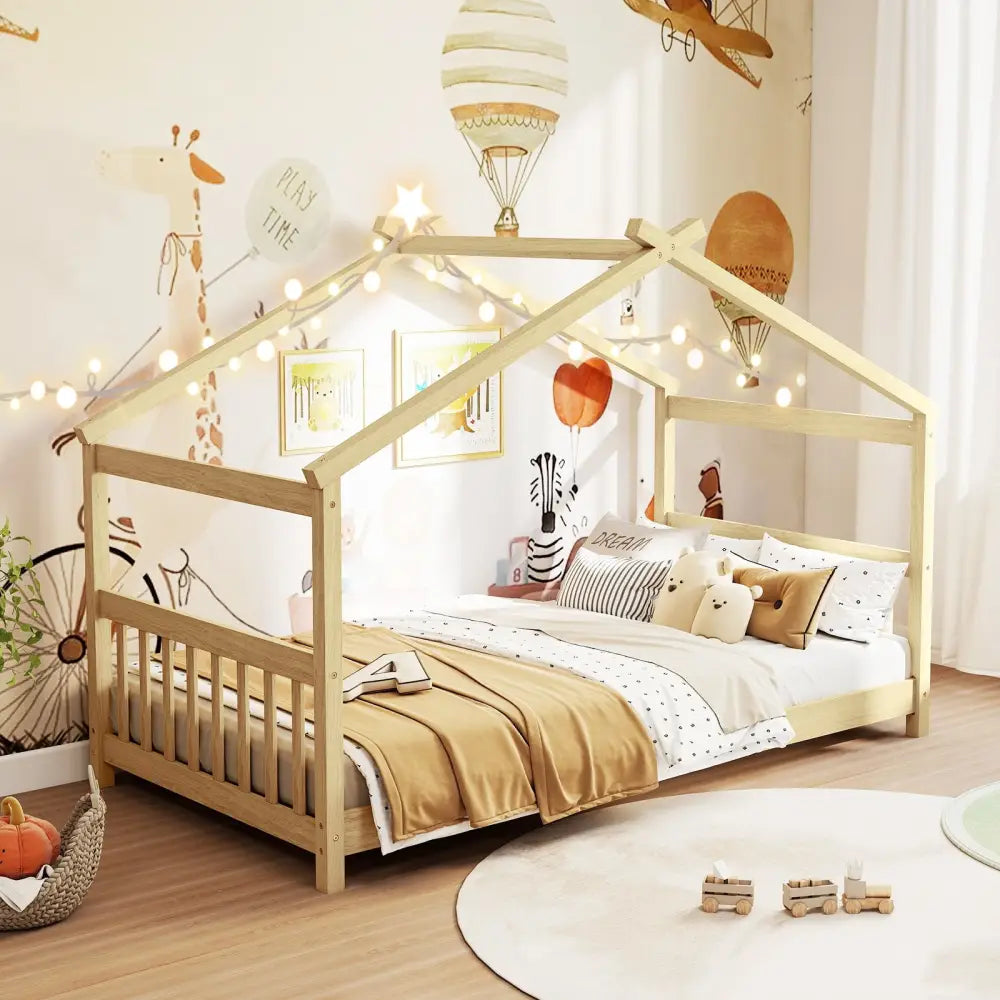 Twin Size Wooden House Bed with Roof-Natural - Natural - Simple Bed Frame