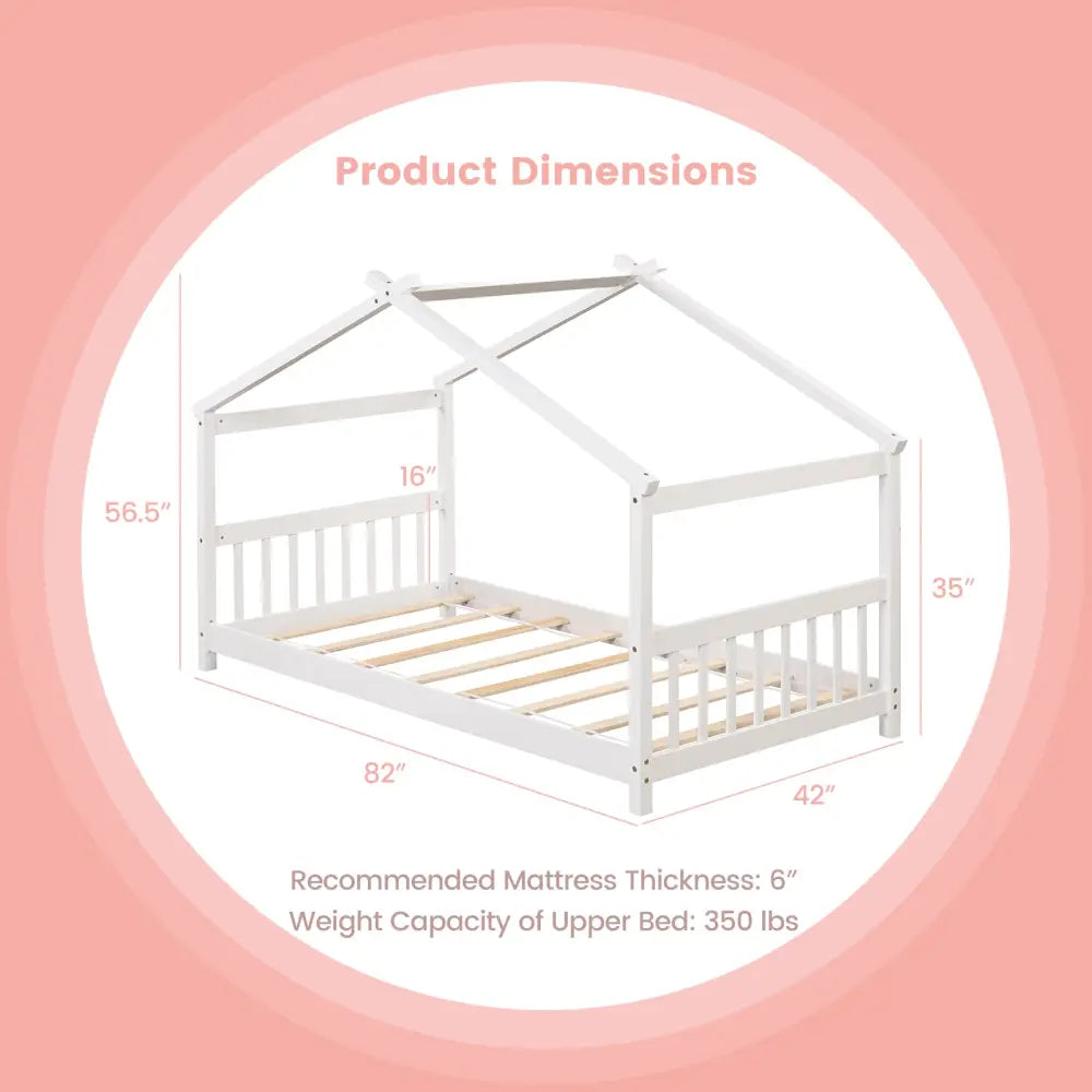 Twin Size Wooden House Bed with Roof-White - White - Simple Bed Frame