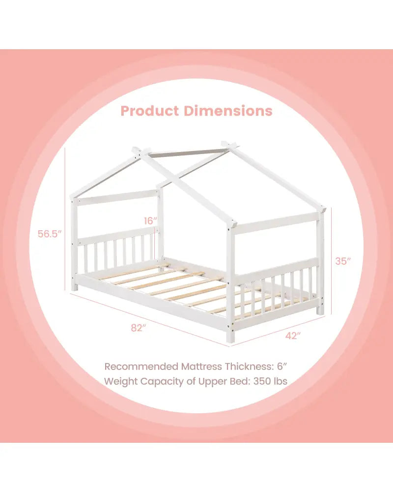 Twin Size Wooden House Bed with Roof-White - White - Simple Bed Frame