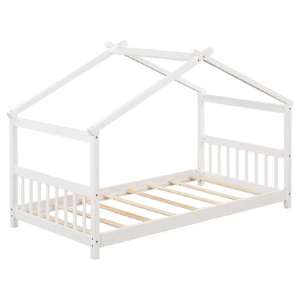 Twin Size Wooden House Bed with Roof-White - White - Simple Bed Frame