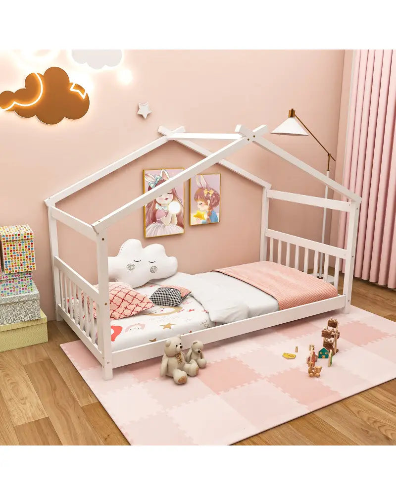 Twin Size Wooden House Bed with Roof-White - White - Simple Bed Frame