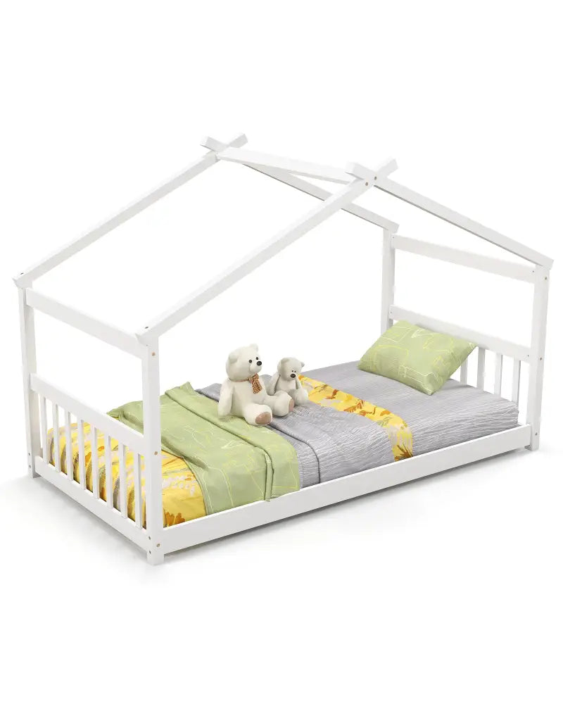 Twin Size Wooden House Bed with Roof-White - White - Simple Bed Frame