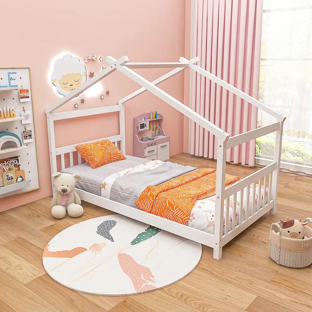 Twin Size Wooden House Bed with Roof-White - White - Simple Bed Frame