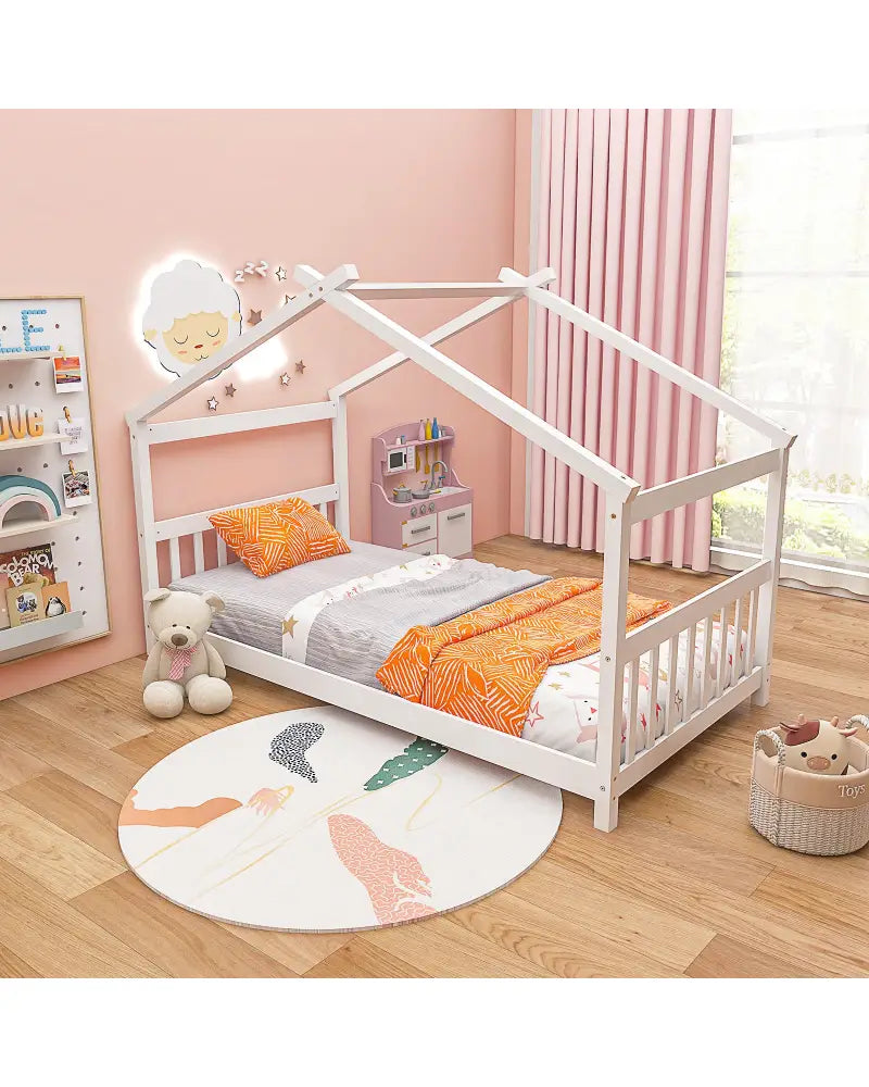 Twin Size Wooden House Bed with Roof-White - White - Simple Bed Frame