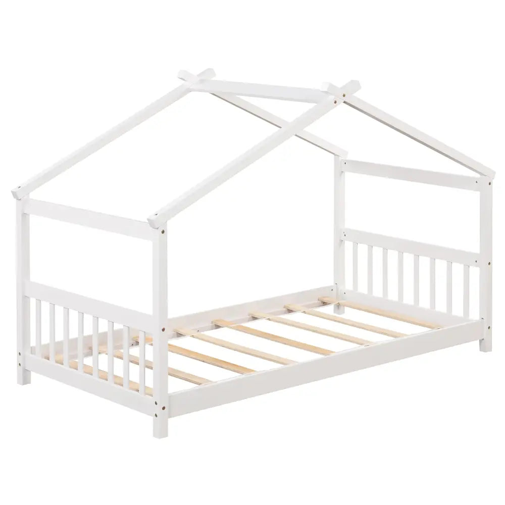 Twin Size Wooden House Bed with Roof-White - White - Simple Bed Frame