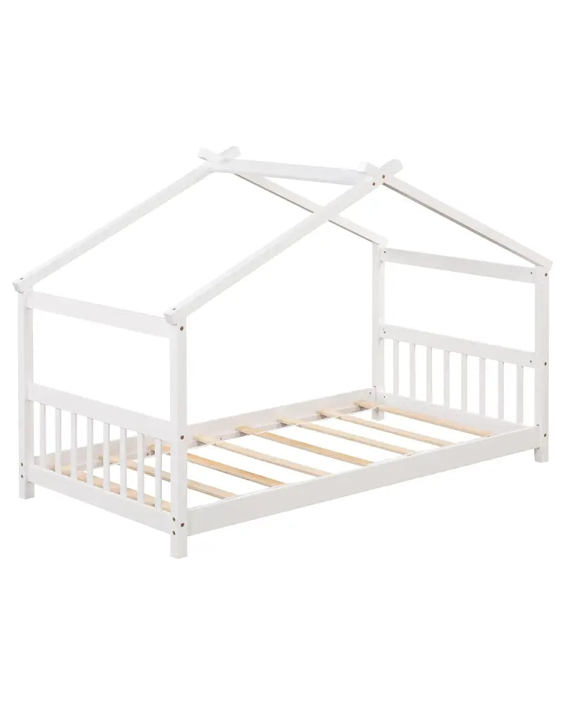 Twin Size Wooden House Bed with Roof-White - White - Simple Bed Frame