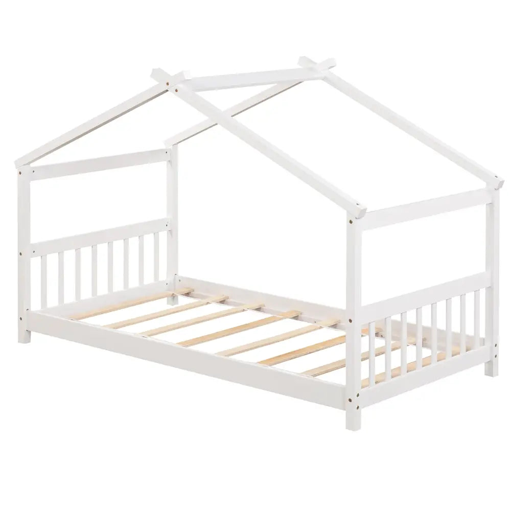 Twin Size Wooden House Bed with Roof-White - White - Simple Bed Frame