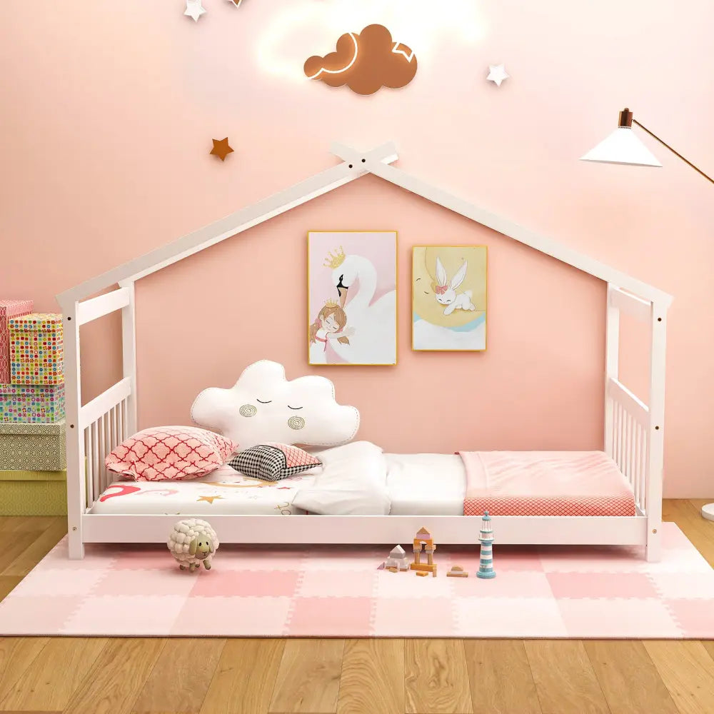 Twin Size Wooden House Bed with Roof-White - White - Simple Bed Frame