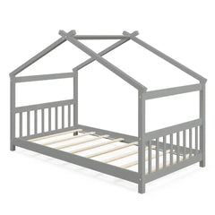 Twin Size Wooden House Bed with RoofGray - Oasis Home Essentials