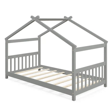 Twin Size Wooden House Bed with RoofGray - Oasis Home Essentials