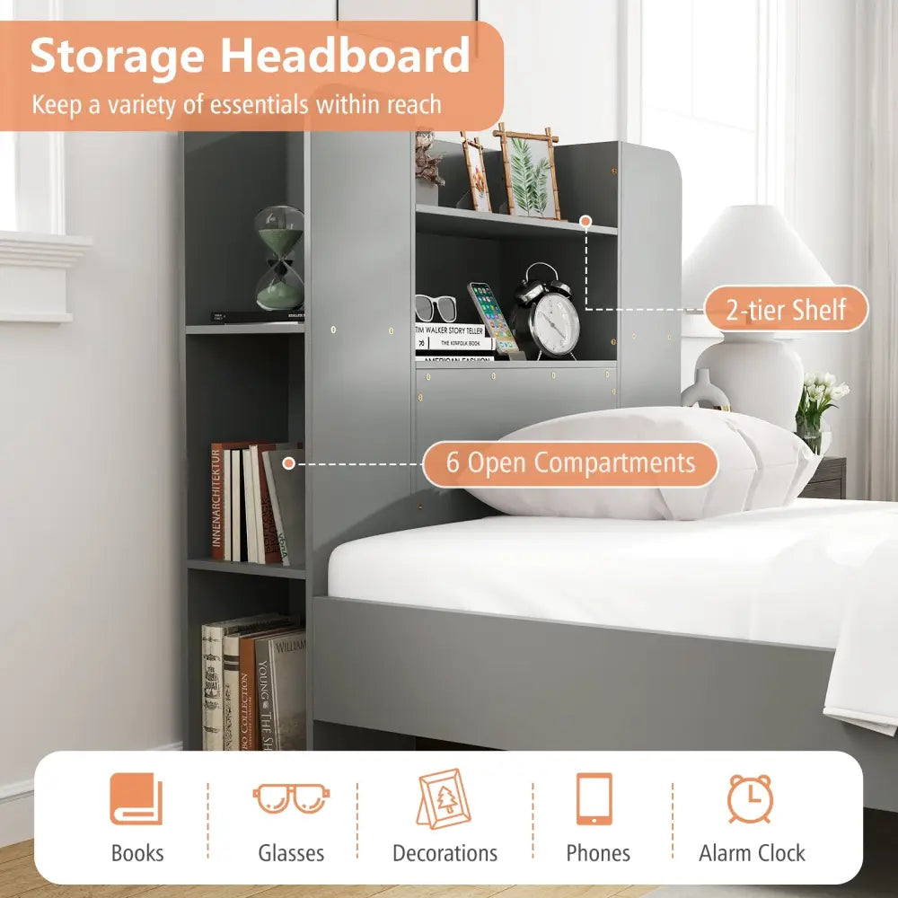 Twin Size Wooden Platform Bed Frame with Bookcase Headboard-Gray - Gray - Toddler Beds