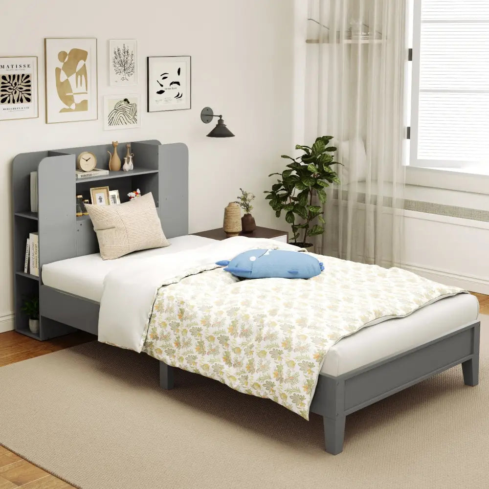 Twin Size Wooden Platform Bed Frame with Bookcase Headboard-Gray - Gray - Toddler Beds