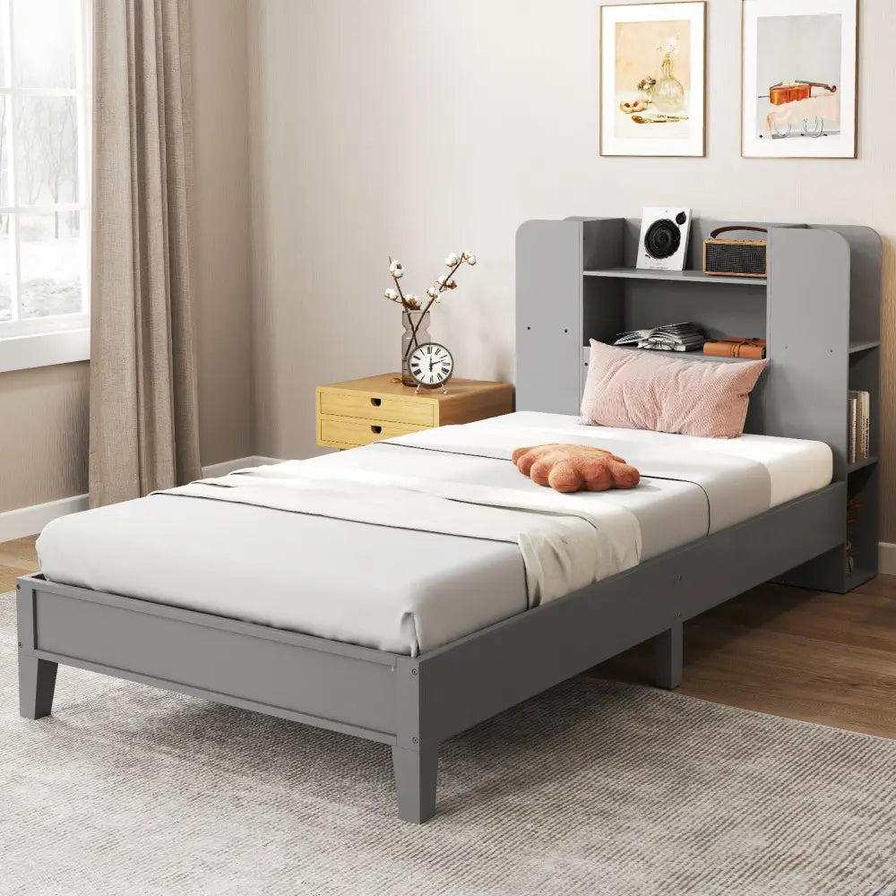 Twin Size Wooden Platform Bed Frame with Bookcase Headboard-Gray - Gray - Toddler Beds