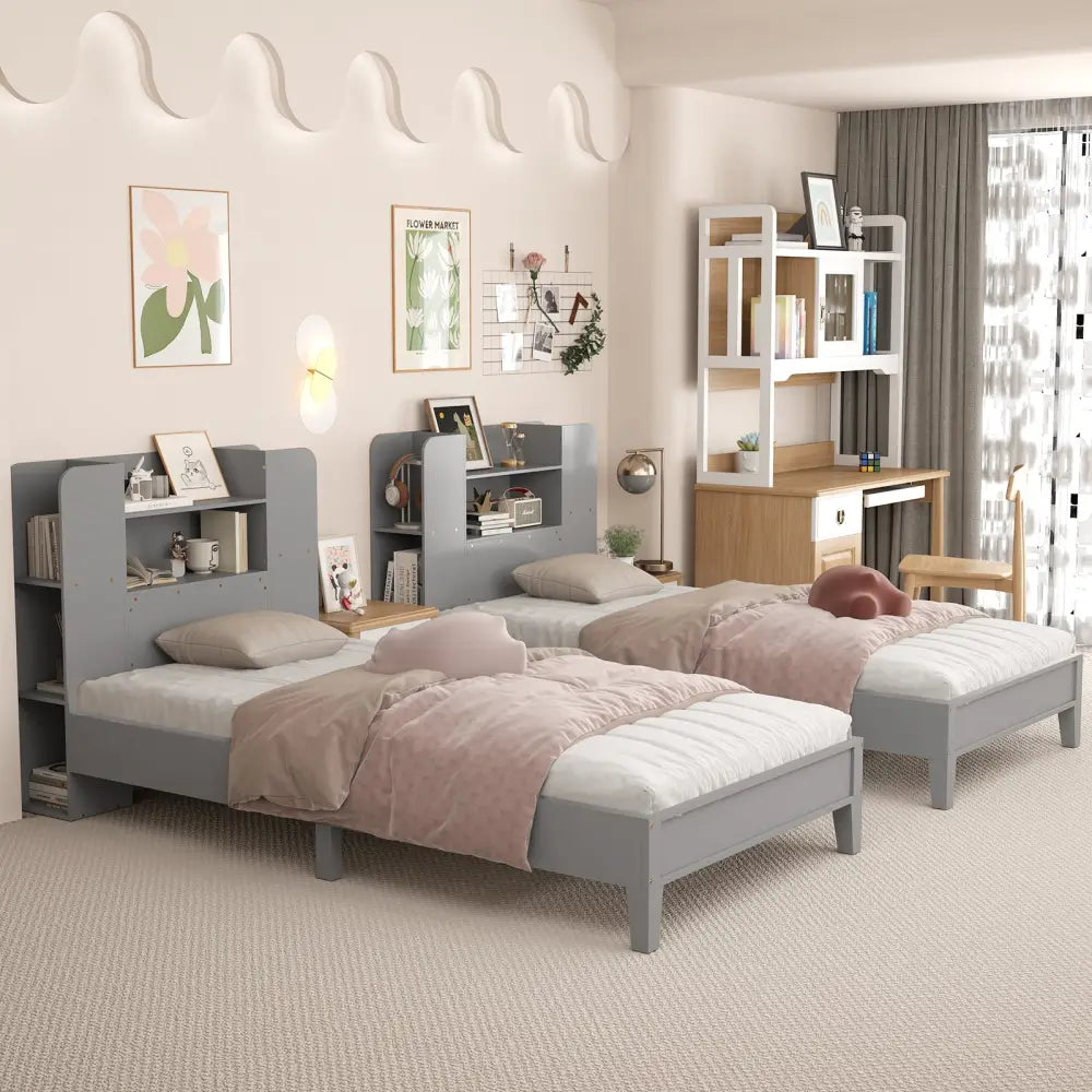 Twin Size Wooden Platform Bed Frame with Bookcase Headboard-Gray - Gray - Toddler Beds