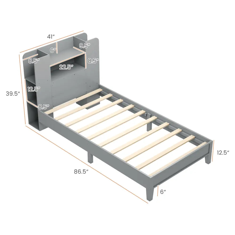 Twin Size Wooden Platform Bed Frame with Bookcase Headboard-Gray - Gray - Toddler Beds