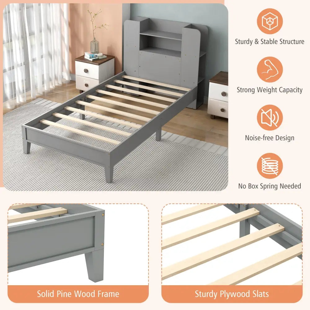 Twin Size Wooden Platform Bed Frame with Bookcase Headboard-Gray - Gray - Toddler Beds