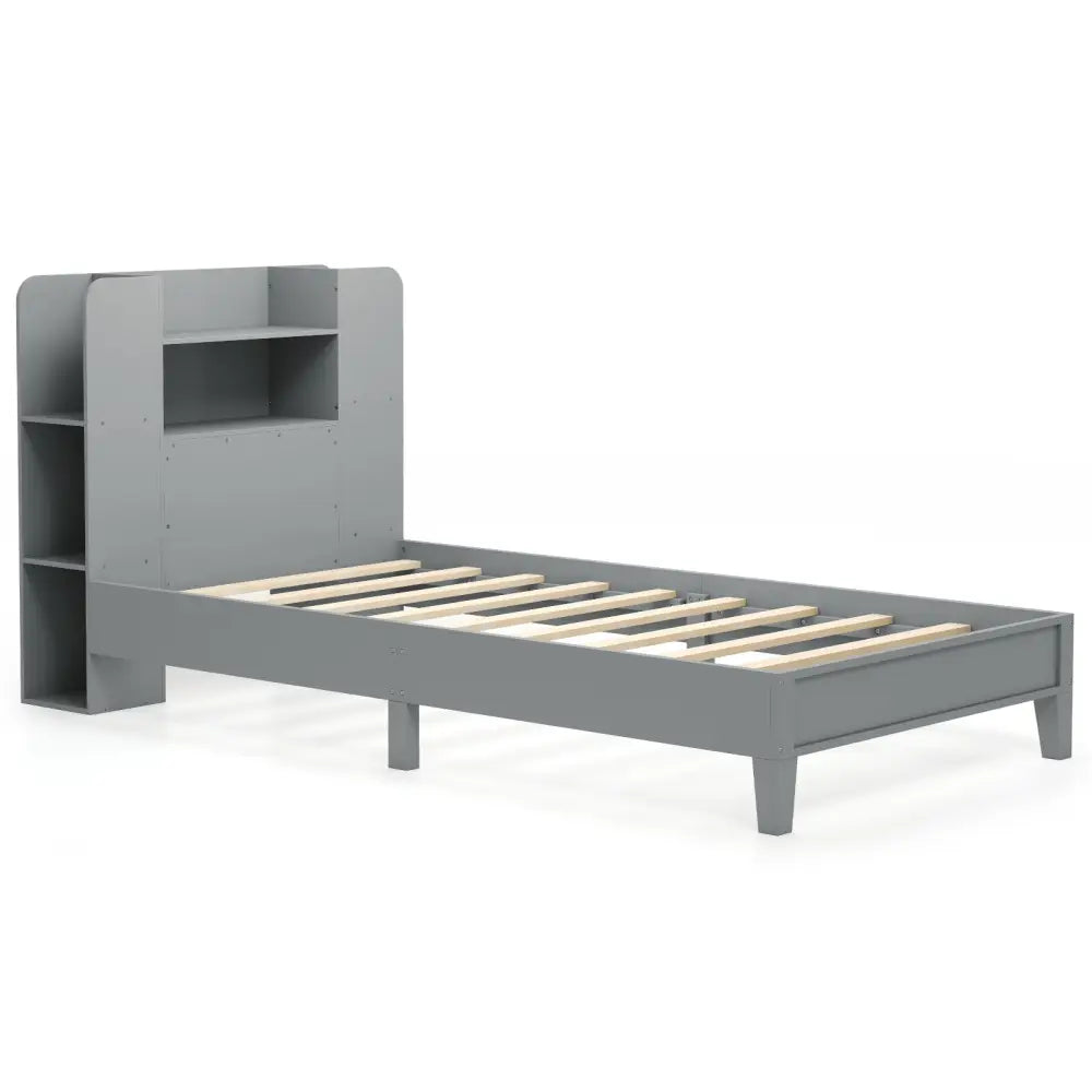 Twin Size Wooden Platform Bed Frame with Bookcase Headboard-Gray - Gray - Toddler Beds