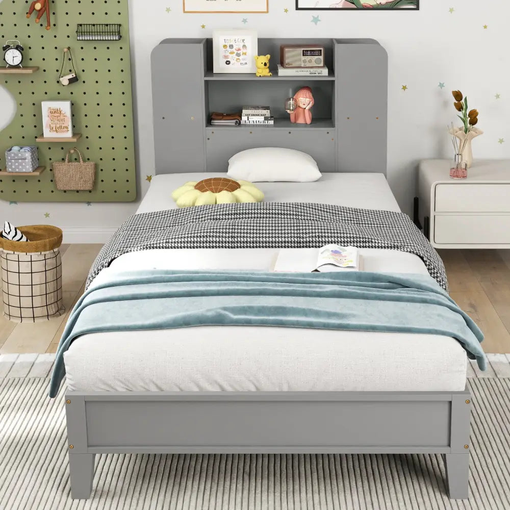 Twin Size Wooden Platform Bed Frame with Bookcase Headboard-Gray - Gray - Toddler Beds