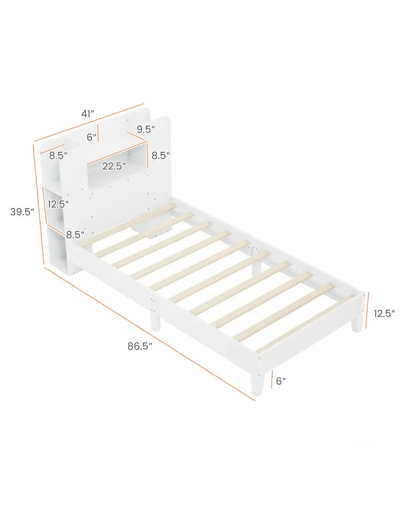 Twin Size Wooden Platform Bed Frame with Bookcase Headboard-White - White - Toddler Beds