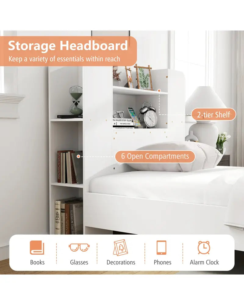 Twin Size Wooden Platform Bed Frame with Bookcase Headboard-White - White - Toddler Beds