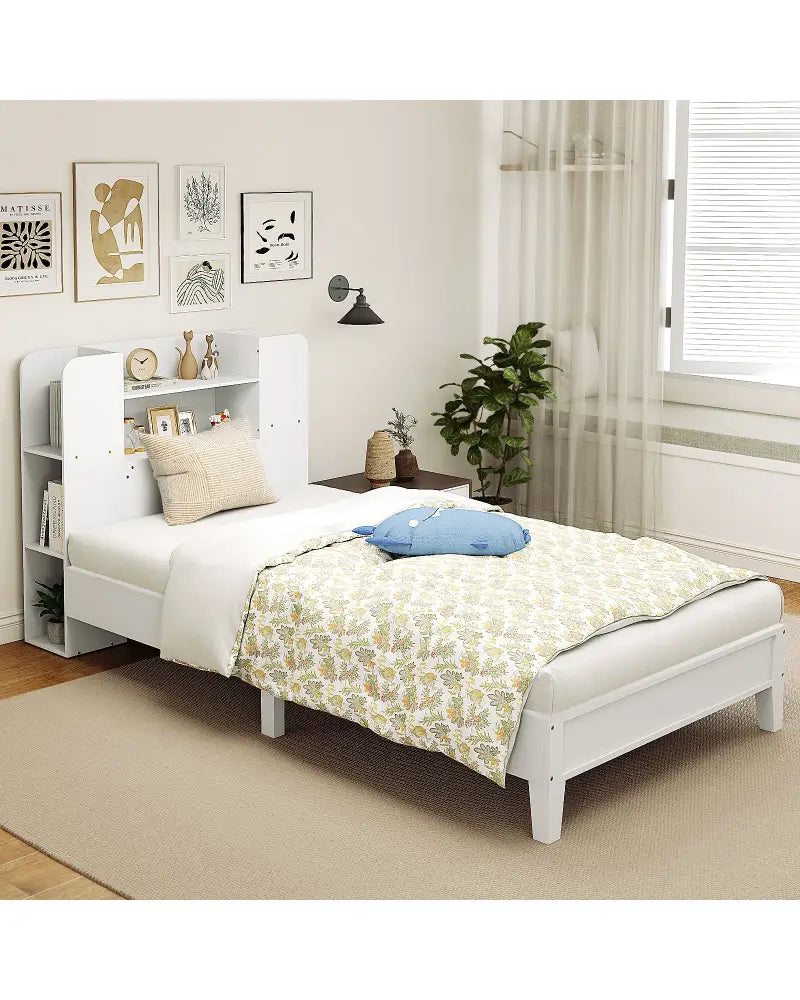 Twin Size Wooden Platform Bed Frame with Bookcase Headboard-White - White - Toddler Beds