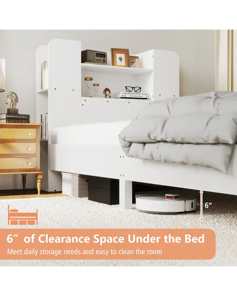 Twin Size Wooden Platform Bed Frame with Bookcase Headboard-White - White - Toddler Beds