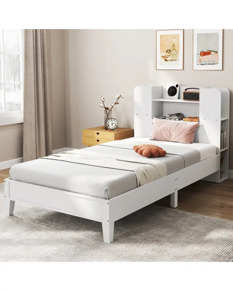 Twin Size Wooden Platform Bed Frame with Bookcase Headboard-White - White - Toddler Beds