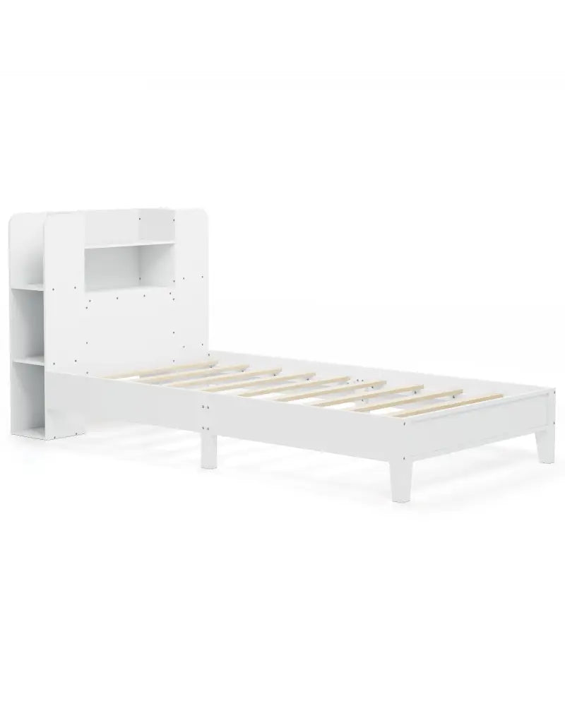 Twin Size Wooden Platform Bed Frame with Bookcase Headboard-White - White - Toddler Beds