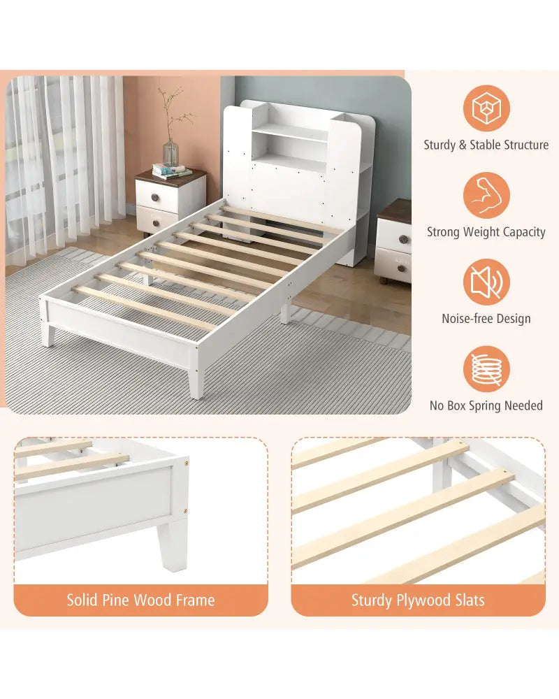 Twin Size Wooden Platform Bed Frame with Bookcase Headboard-White - White - Toddler Beds