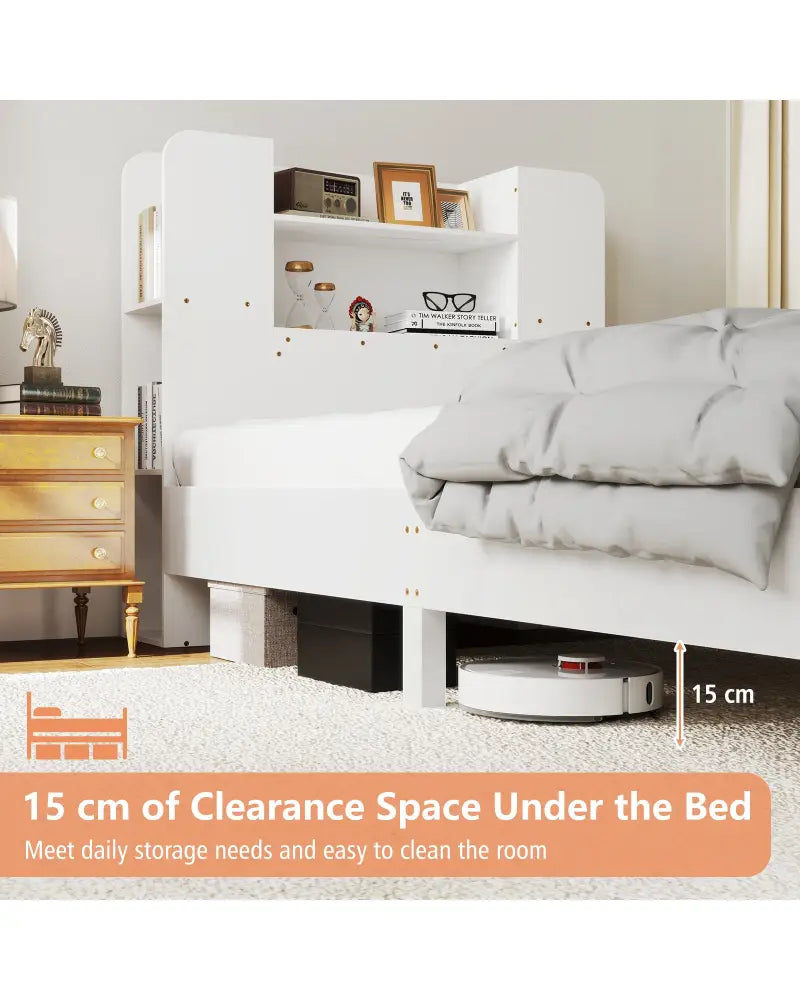 Twin Size Wooden Platform Bed Frame with Bookcase Headboard-White - White - Toddler Beds